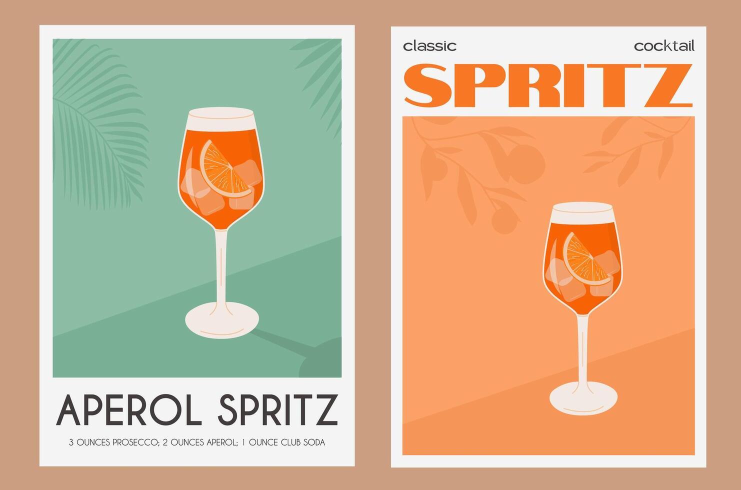 Aperol Spritz Cocktail im Glas mit Eis und Orange Scheibe. Sommer- Italienisch Aperitif retro Poster Satz. Mauer Kunst mit alkoholisch Getränk garniert mit Orange Keil und Zitrusfrüchte Baum auf Hintergrund. Vektor. vektor