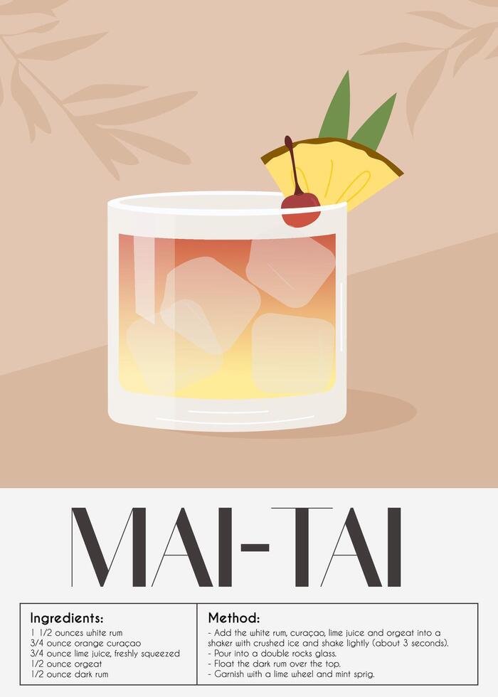 mai tai cocktail garnerad med ananas skiva och körsbär. klassisk alkoholhaltig dryck recept. sommar aperitif affisch. minimalistisk trendig skriva ut med alkoholhaltig dryck. vektor platt illustration.