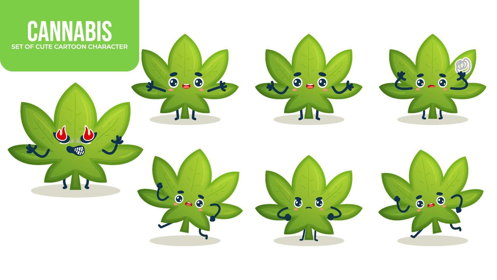 Set süßer Cannabis-Cartoon-Figur mit verschiedenen Posen Premium-Vektor vektor