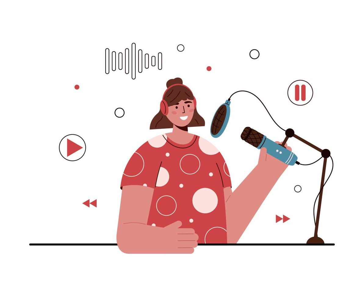 flache Vektorgrafik des Podcasters, der im Mikrofon spricht. Lächelnde kaukasische Frau mit Kopfhörern, die Audio-Podcast oder Online-Show aufzeichnen. Podcasting, Rundfunk. weißer Hintergrund. vektor