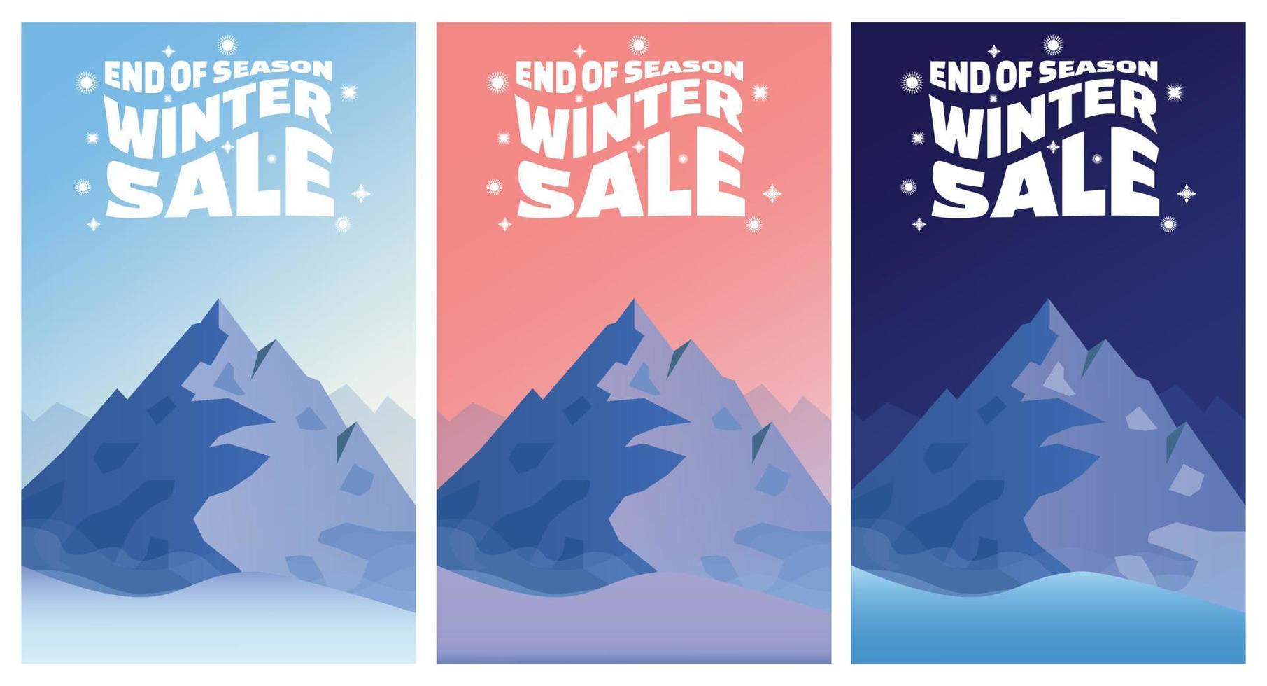 Winterschlussverkauf mit Landschaft bei Sonnenaufgang, Sonnenuntergang und Nacht. Wintersaison-Banner stellen Vorlage-Vektor-Illustration ein. vektor