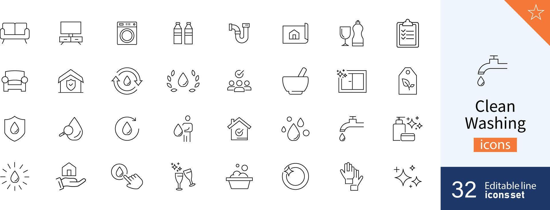 einstellen von 32 sauber Waschen Netz Symbole im Linie Stil. sauber, Waschen, Wasser, Haus. Vektor Illustration.