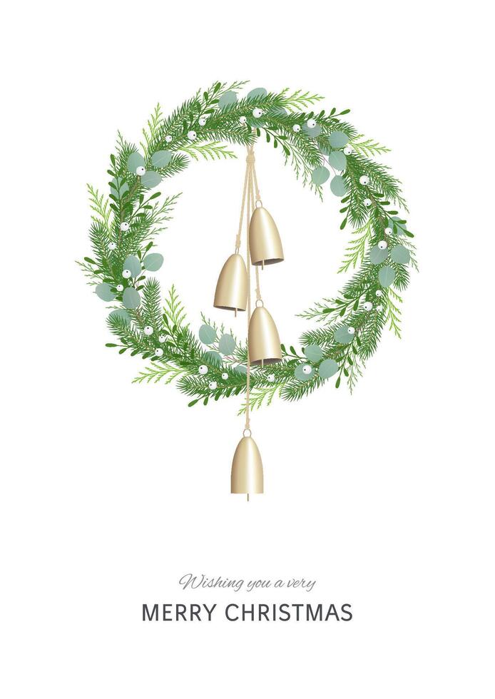 jul krans med grönska, bär och gyllene klockorna hängande på rustik rep. hälsning kort. vektor