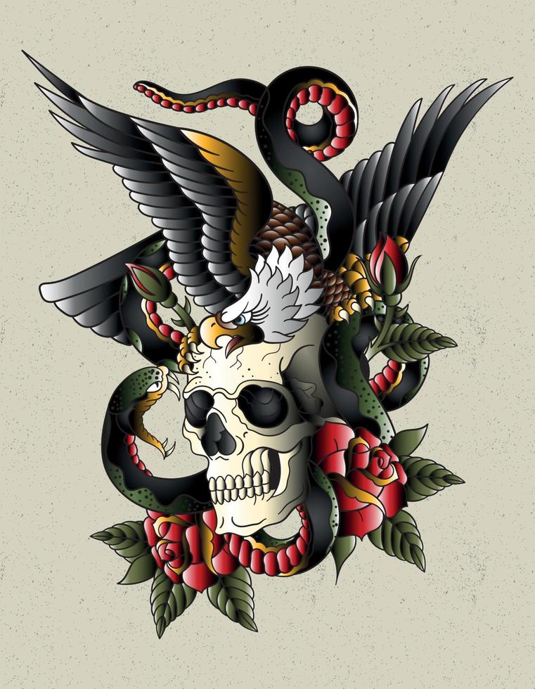 eagle skull tatuering old school vektor