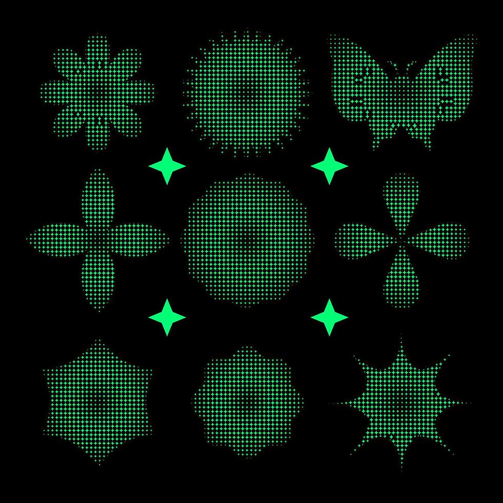 brutalism former med halvton effekt tillverkad av små fyra spetsig stjärnor, minimalistisk geometrisk element uppsättning, abstrakt bauhaus formulär. enkel blomma form, grundläggande form, trendig modern grafisk vektor