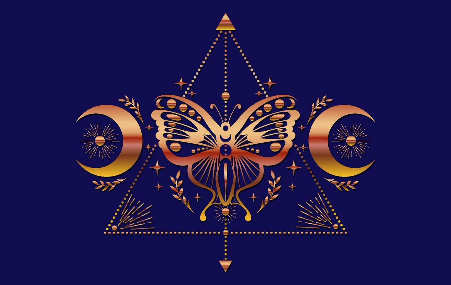 Mystiker Gold Motte, Magie Schmetterling und Halbmond Mond, heilig Symbole zum Hexerei, Okkulte, Esoterik, drucken, Poster. bunt heidnisch magisch Siegel isoliert auf Blau Hintergrund vektor
