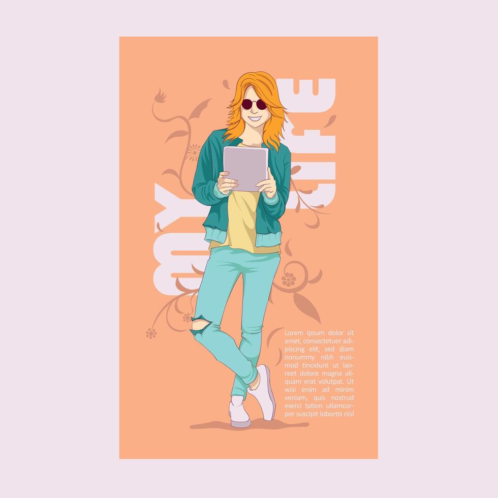 Mädchen lesen ihr Tablette mit ein sehr jugendlich Outfit und Hintergrund mit Pflanzen und Blumen Hintergrund Text meine Leben, Illustration zum Poster vektor