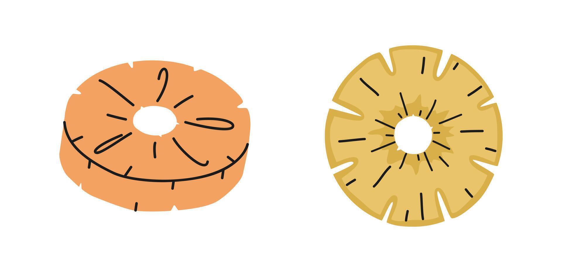 hand dragen söt sommar illustration av två skivad ananas ringa eller ananas. platt färsk frukt i enkel färgad klotter stil. tropisk exotisk rå mat ikon eller skriva ut. isolerat på vit bakgrund vektor