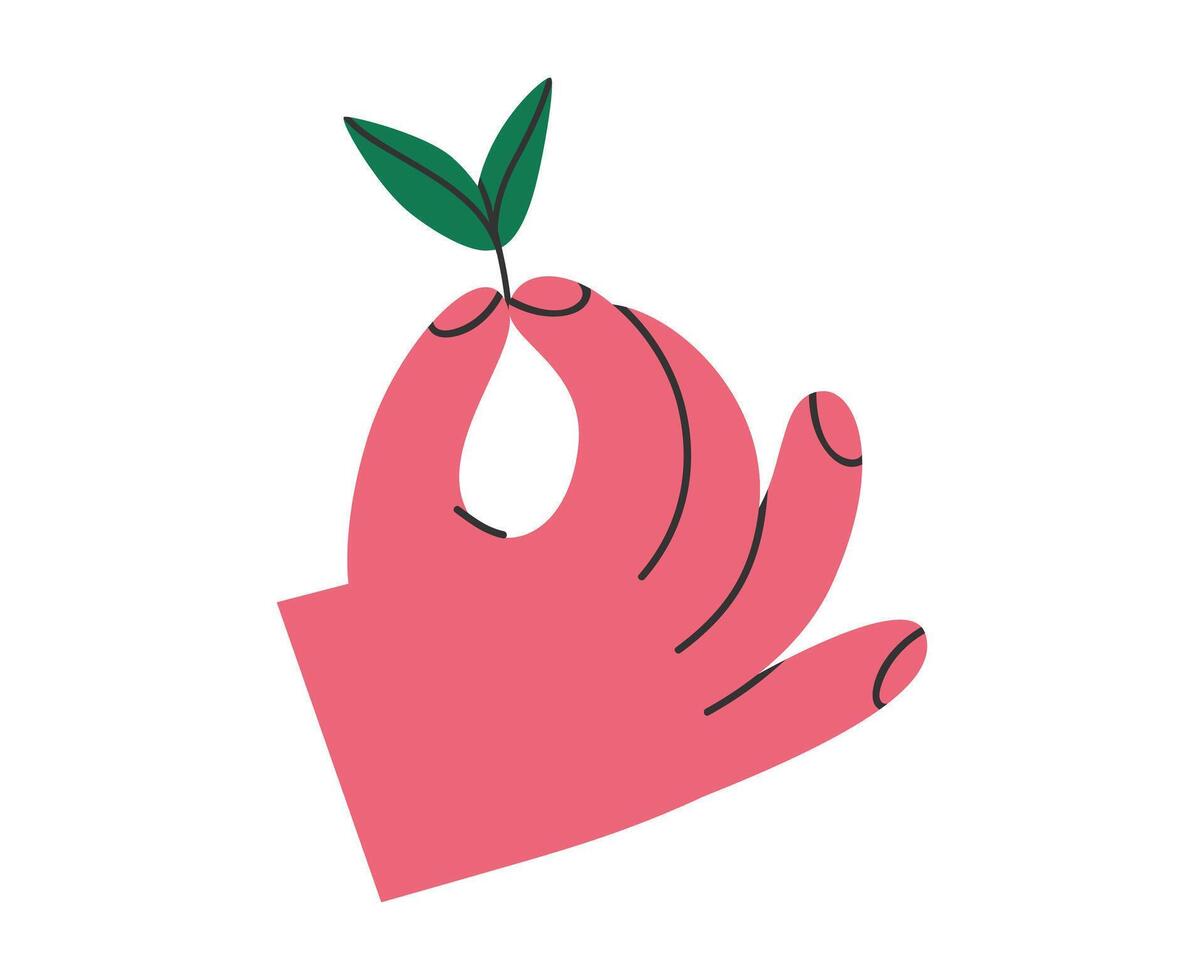 hand dragen tecknad serie illustration av hand innehav växt kvist. grön gro med ung löv. platt miljövänlig begrepp i klotter stil. ekologi klistermärke, ikon eller skriva ut. isolerat. vektor