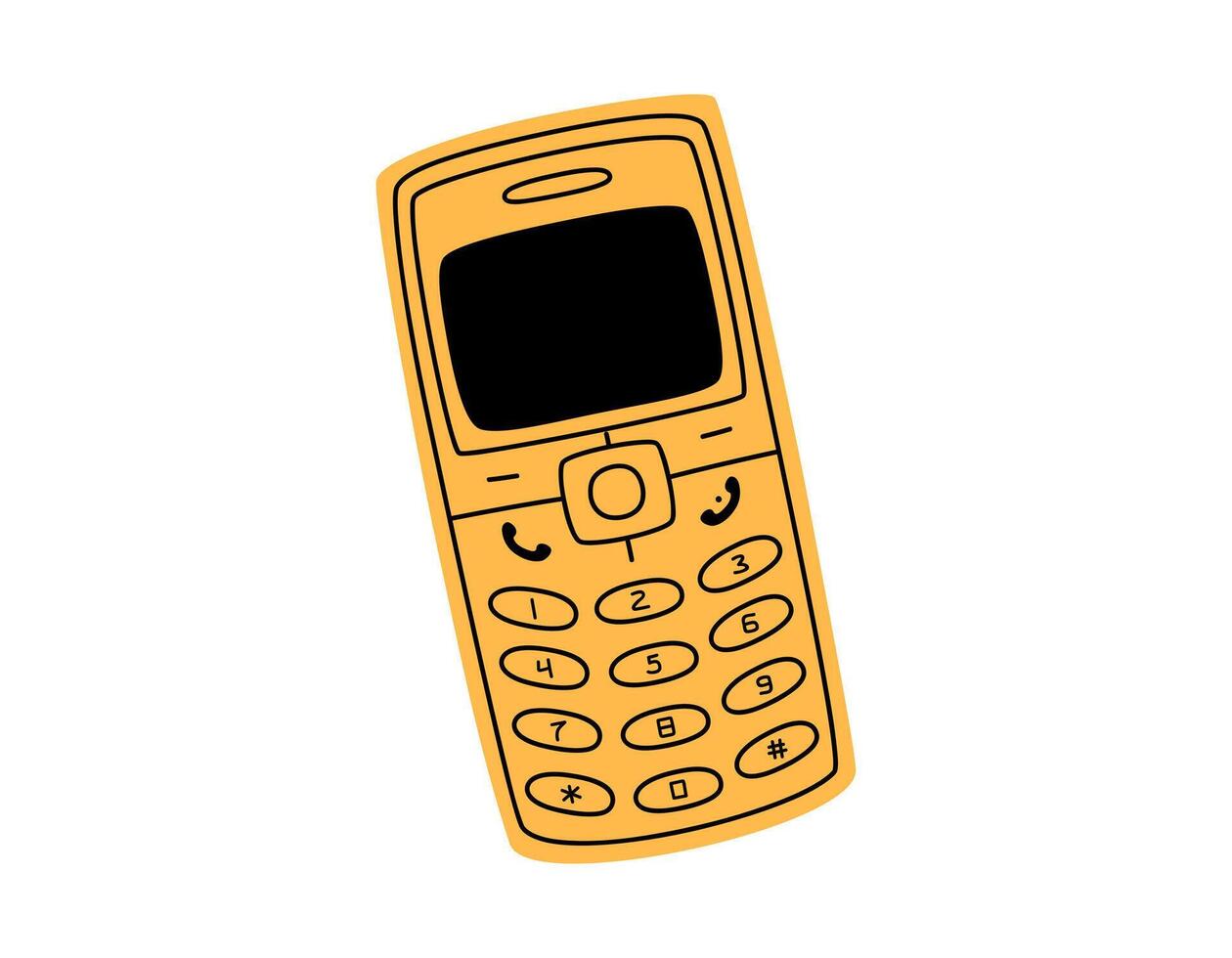 hand dragen söt tecknad serie illustration av retro cell mobil telefon. platt gammal mobil telefon med knappar klistermärke i färgad klotter stil. ring upp enhet ikon eller skriva ut. isolerat på vit bakgrund. vektor