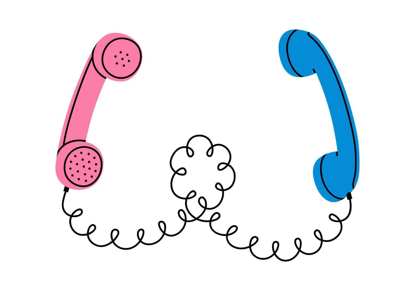 hand dragen söt tecknad serie illustration av två retro telefon handenheter ansluten förbi tråd. platt gammal telefon mottagare klistermärke i färgad klotter stil. kommunikation, dialog ikon eller skriva ut. isolerat. vektor