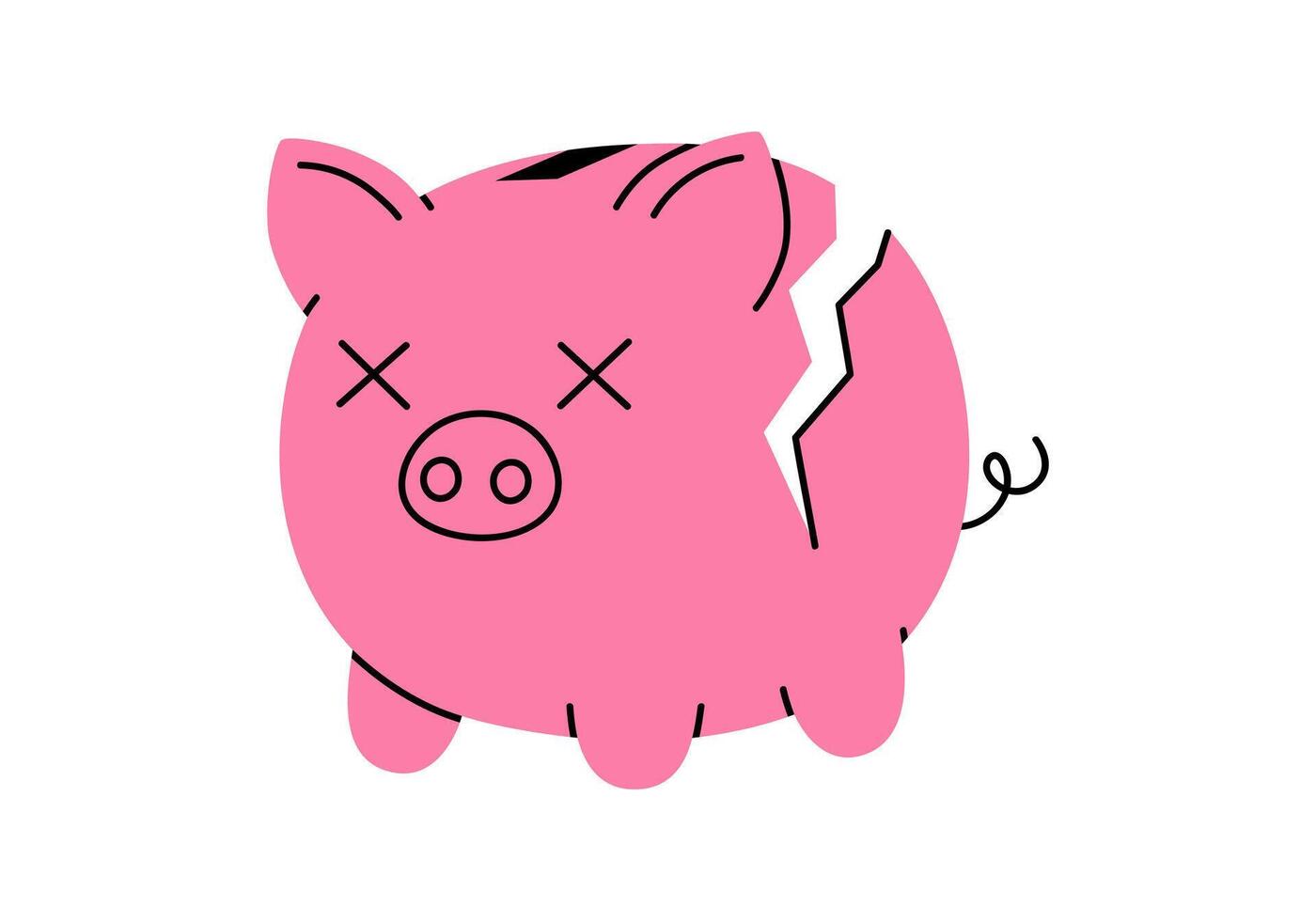 Hand gezeichnet süß Karikatur Illustration von gebrochen Schweinchen Bank. eben geknackt Sparbüchse zum Ersparnisse Aufkleber im farbig Gekritzel Stil. finanziell Problem oder Bank Anerkennung Symbol oder drucken. isoliert. vektor