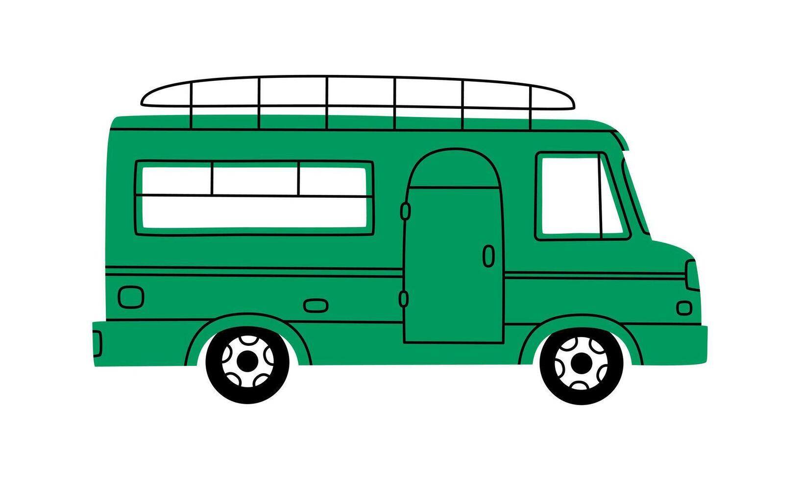 hand dragen söt tecknad serie illustration av camping skåpbil. platt utomhus- turism bil klistermärke i färgad klotter stil. motor fordon för campingplats ikon. äventyr, semester. hus på hjul. isolerat. vektor