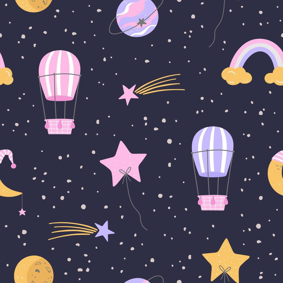sömlös mönster med aerostater, måne, regnbåge, planet och stjärnor i hand dragen barnslig stil vektor