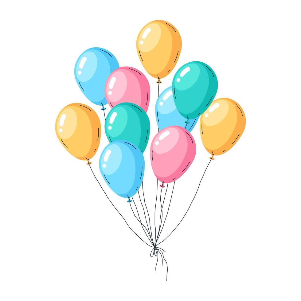färgrik ballong knippa. födelsedag ballonger dekoration, flerfärgad helium glansig ballonger platt illustration. flygande luft ballonger på vit vektor