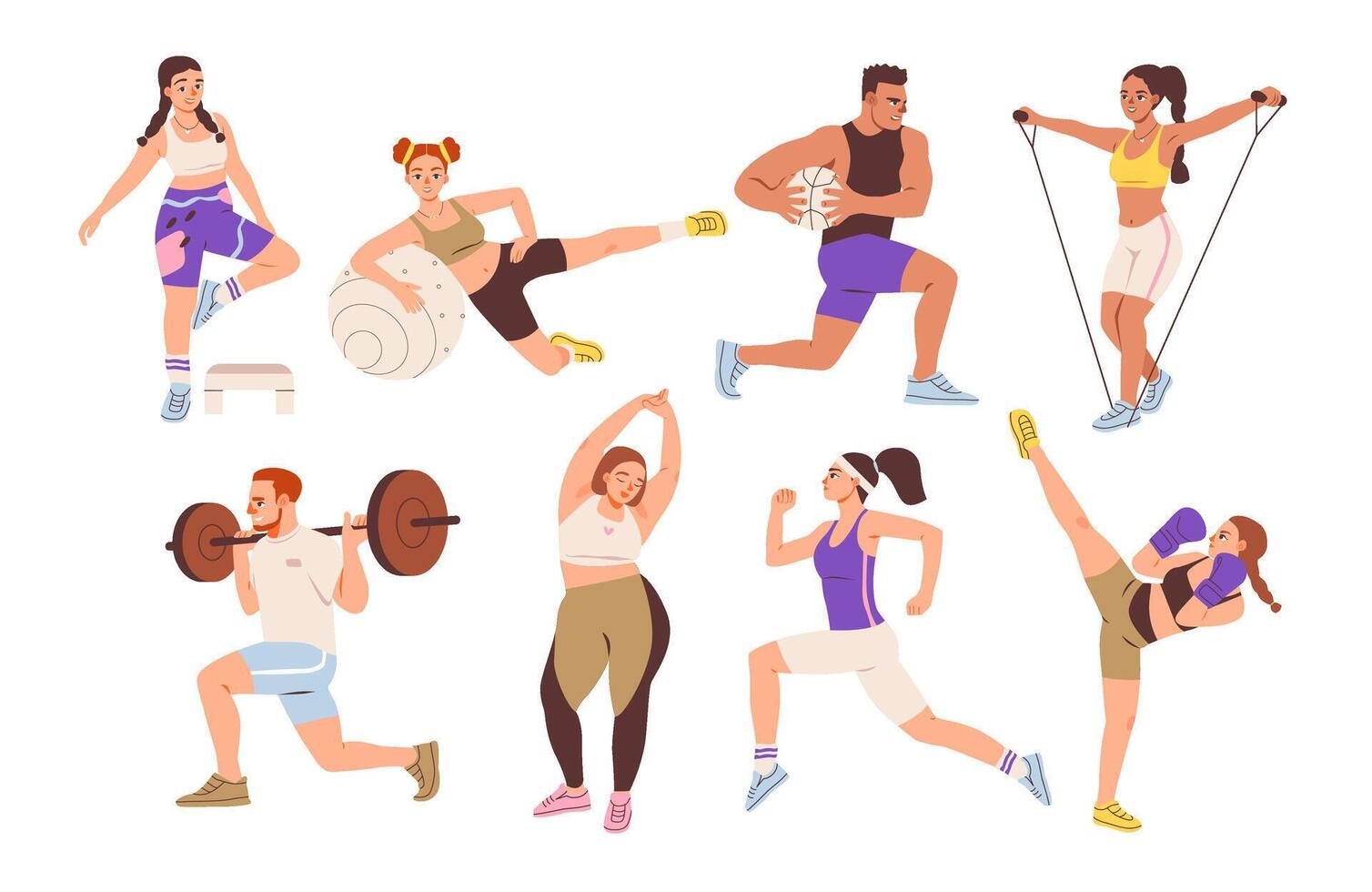 Menschen im Sportbekleidung tun Sport oder Fitness. Sport Männer und Frauen. gesund Lebensstil. eben Illustration einstellen vektor