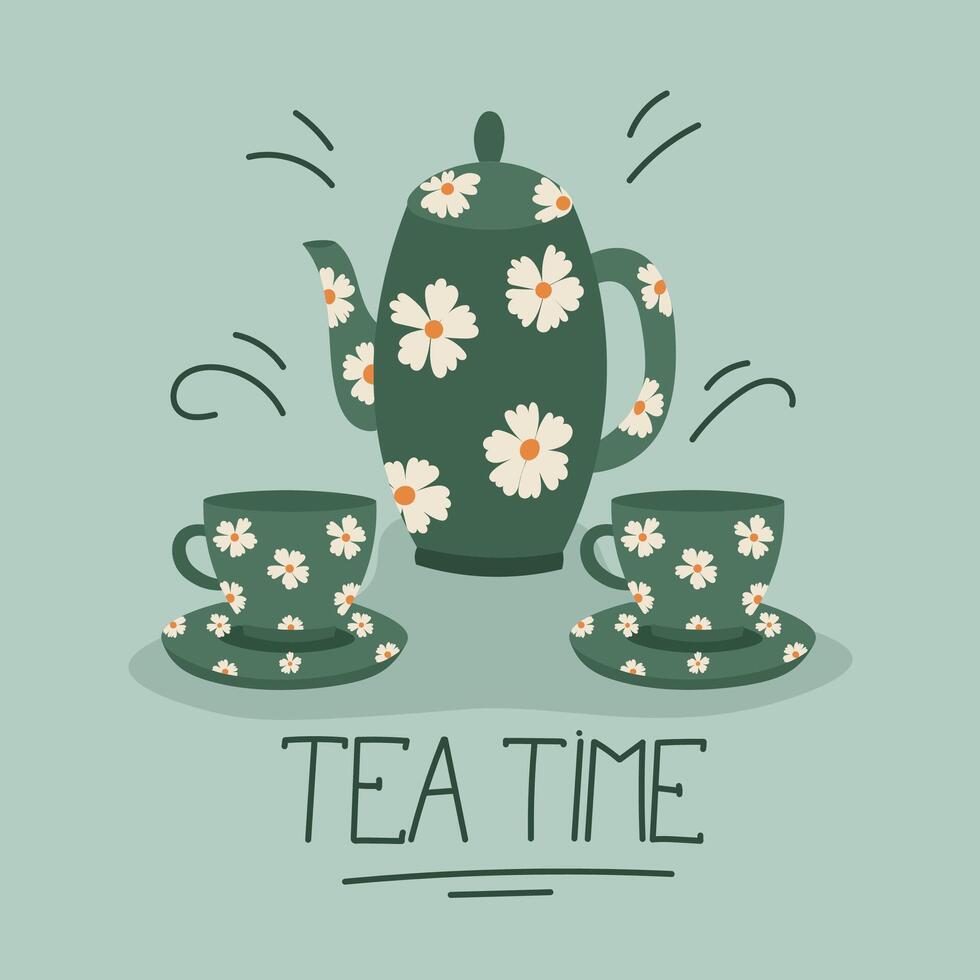 Tee Zeit Karte Design. Grün Teekanne mit zwei Tassen Illustration. vektor
