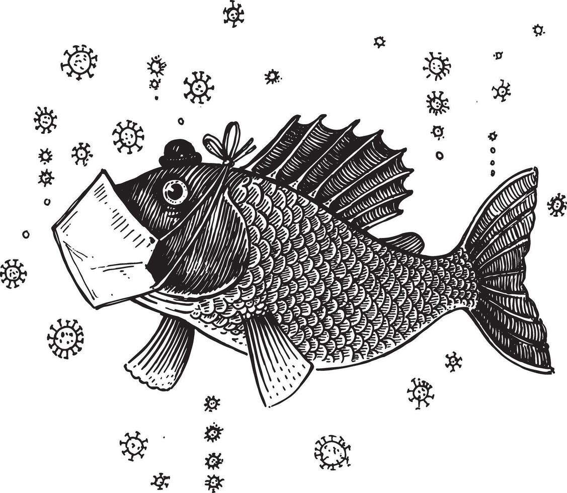 Fisch im ein antiviral Maske, Illustration. Zeichnung mit ein Tinte Stift und Bleistift. Sammlung von Fisch. vektor