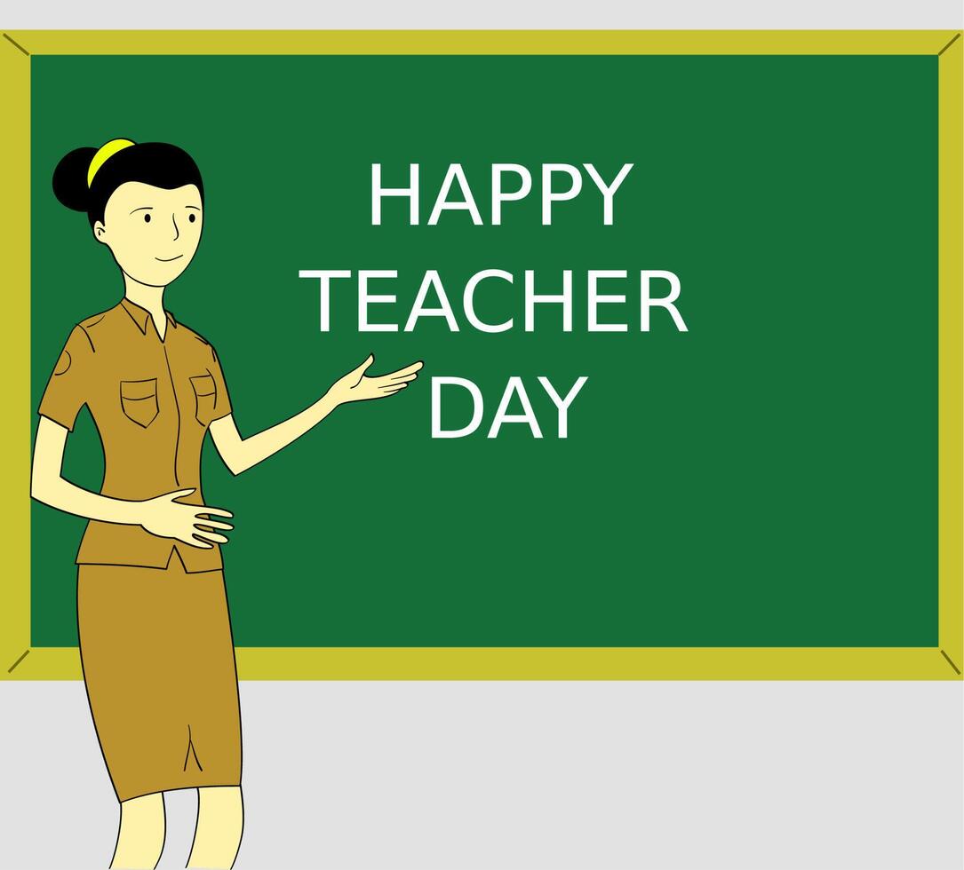 Happy Teacher's Day Hintergrundkonzept. hübsche Lehrerin, die Geste erklärt vektor