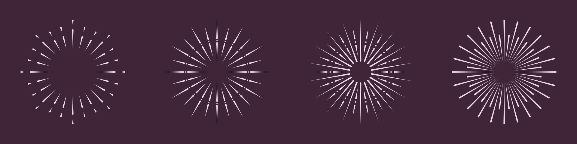 abstrakt funkeln Feuerwerk, Sternenexplosion. Sonnendurchbruch, Kreis Sonne platzen Symbol Satz. radial Licht Piktogramm. Jahrgang Dekoration. Sonnenstrahl, runden Strahl, Sonnenaufgang Symbol Sammlung. isoliert Illustration. vektor