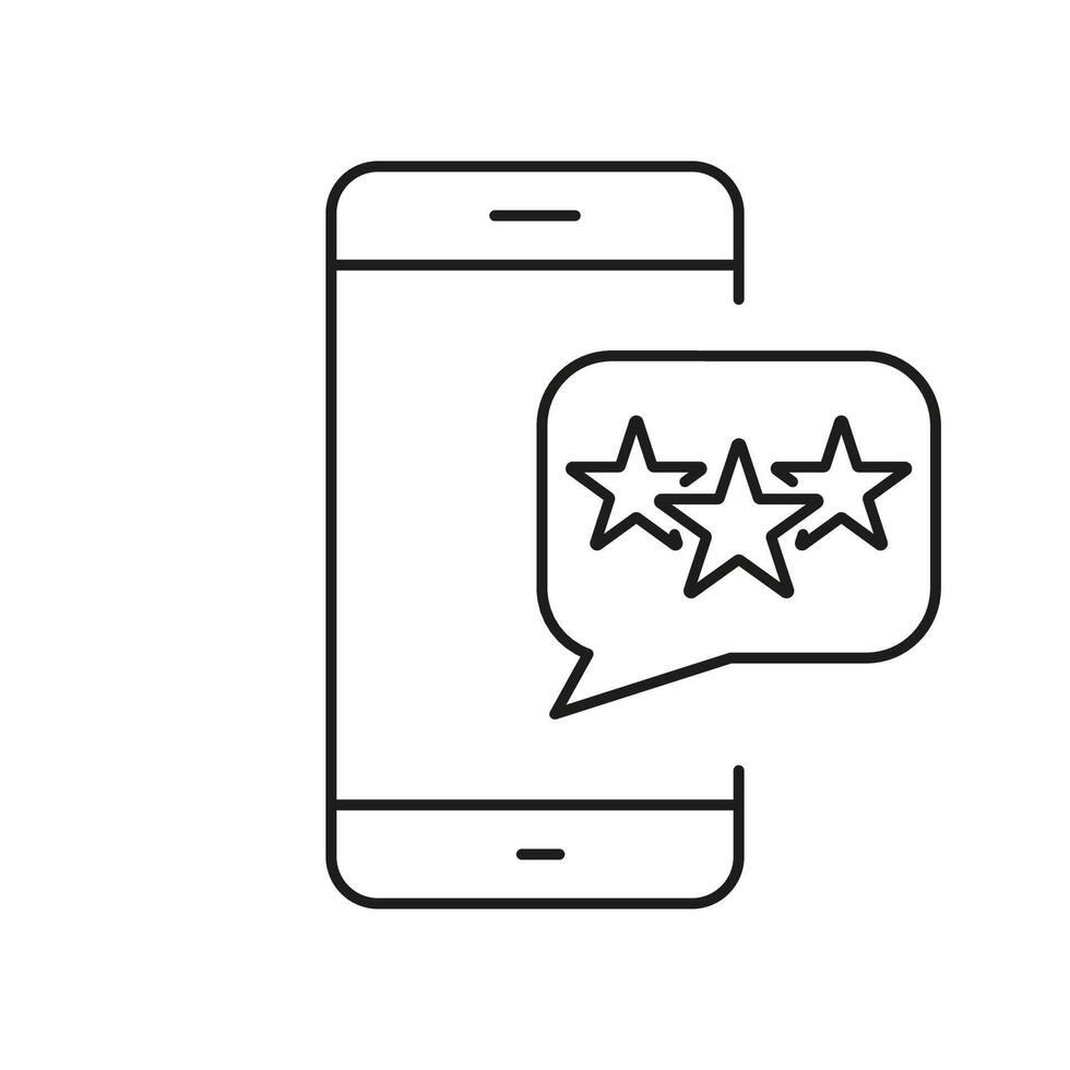 Feedback auf Handy, Mobiltelefon Telefon Linie Symbol. Sozial Medien App Bewertung linear Piktogramm. Sterne auf Smartphone mit Rede Blase Symbol. Kunde Zufriedenheit. editierbar Schlaganfall. isoliert Illustration vektor