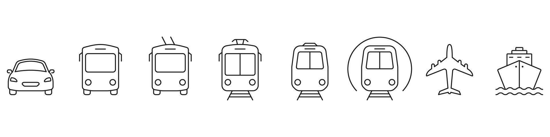 fordon transport linje ikon uppsättning. buss, bil, tåg, plan, fartyg, cykel linjär piktogram. trafik tecken samling. offentlig transport symbol. redigerbar stroke. isolerat illustration. vektor
