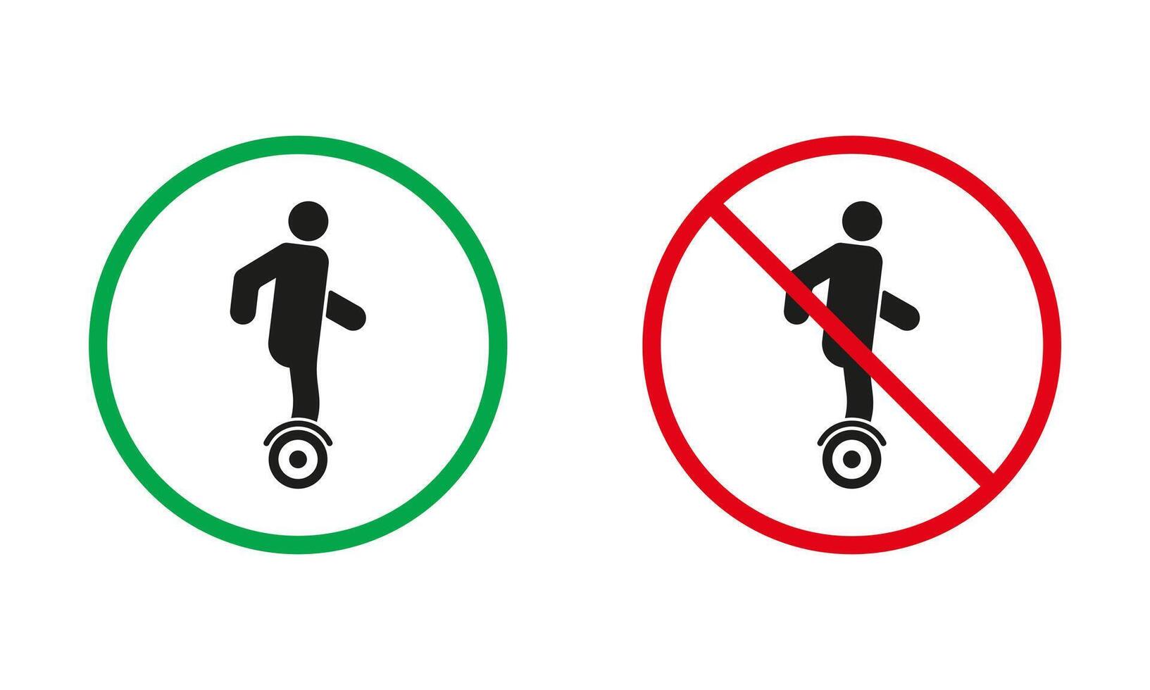 enhjuling varning tecken uppsättning. monowheel tillåten och förbjuda, elektrisk gyroscooter ikoner. hoverboard, fara transport i röd och grön cirkel symbol. isolerat illustration vektor