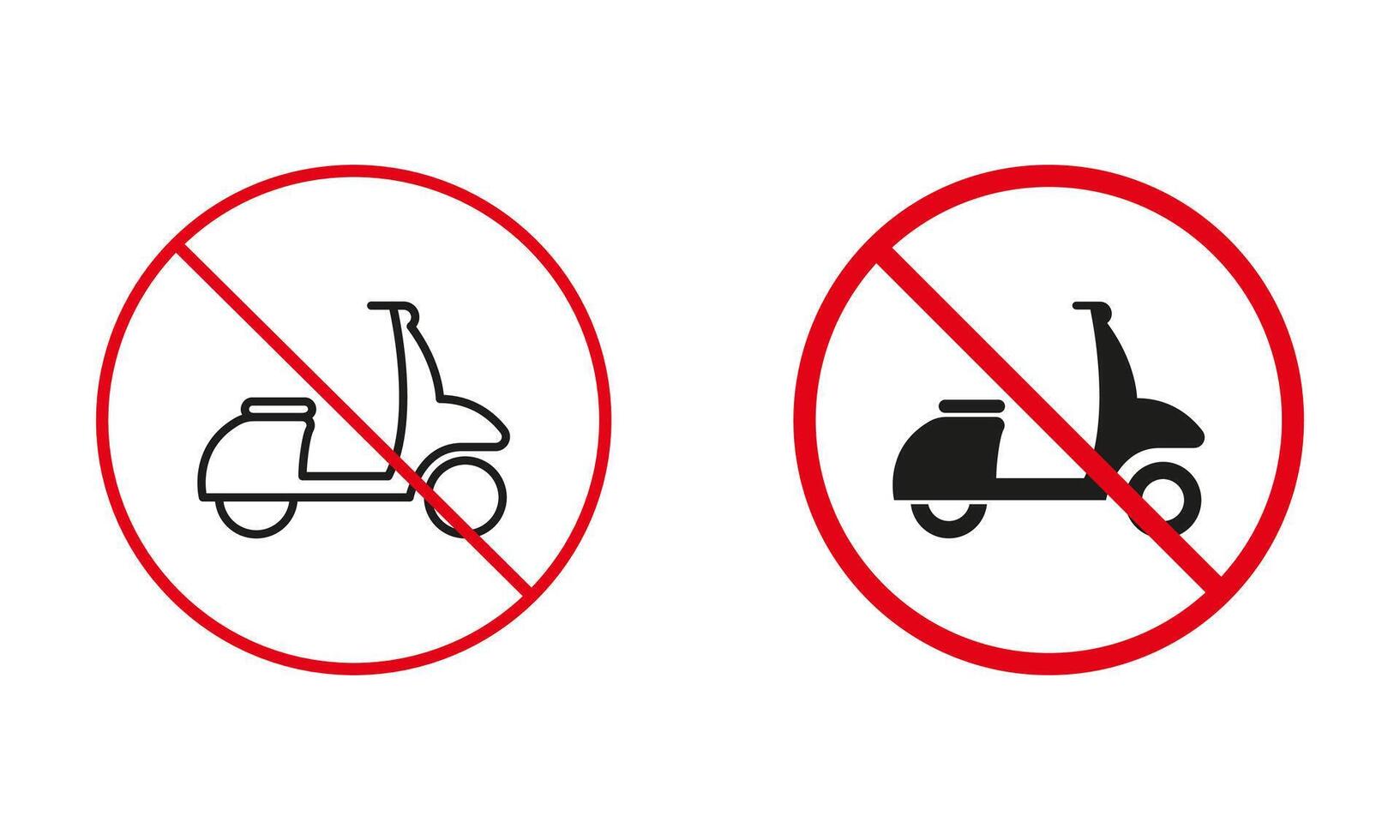 verboten Moped Straße verbieten unterzeichnen. Nein Lieferung Zone Symbol Satz. nicht erlaubt schnell Motorrad, Roller, Motor- Fahrrad Linie und Silhouette Symbole. isoliert Illustration vektor