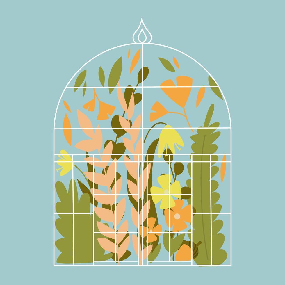 Illustration von ein Gewächshaus mit Blume und Blätter. Konzept ein Hinterhof und Gartenarbeit. Glas Pavillon. vektor
