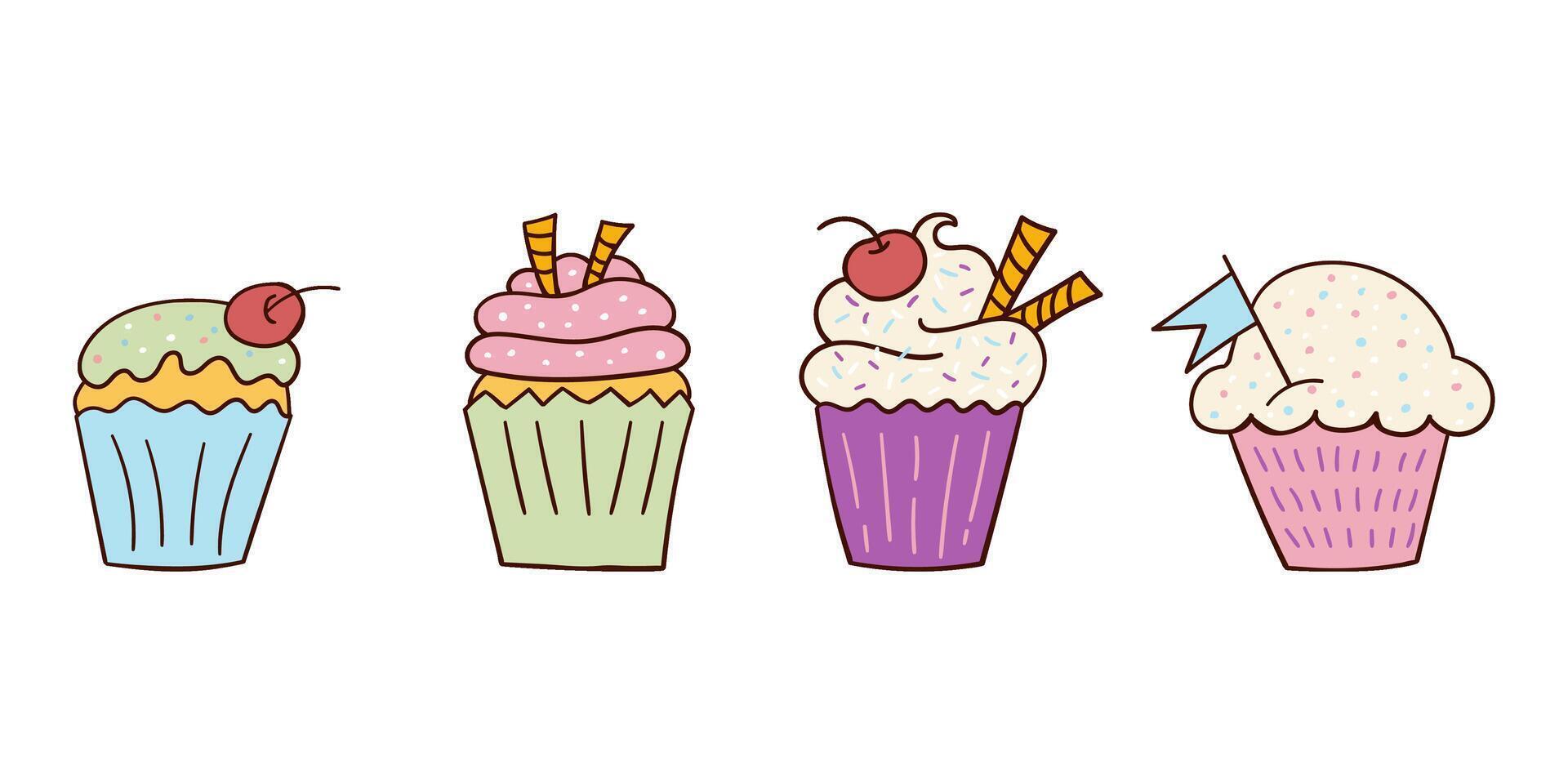 uppsättning av ljus färgad utsökt klotter stil cupcakes. illustration. freehand teckning, doodles. vektor