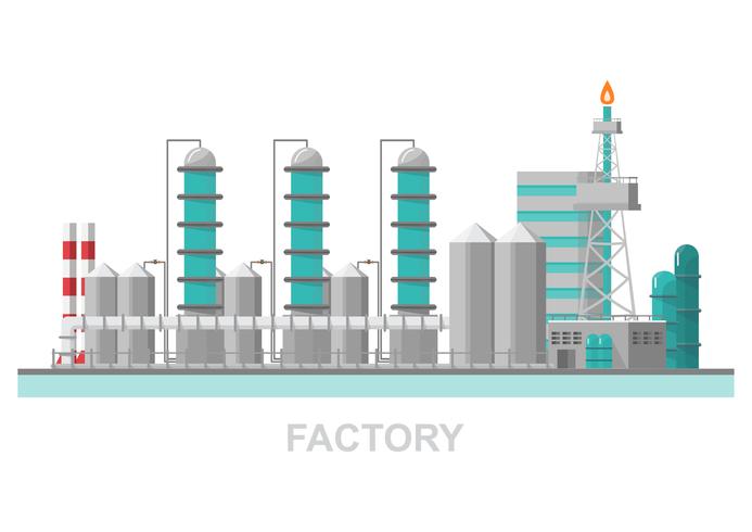 Industriell fabrik i en platt stil. Vektor och illustration av tillverkningsbyggnad