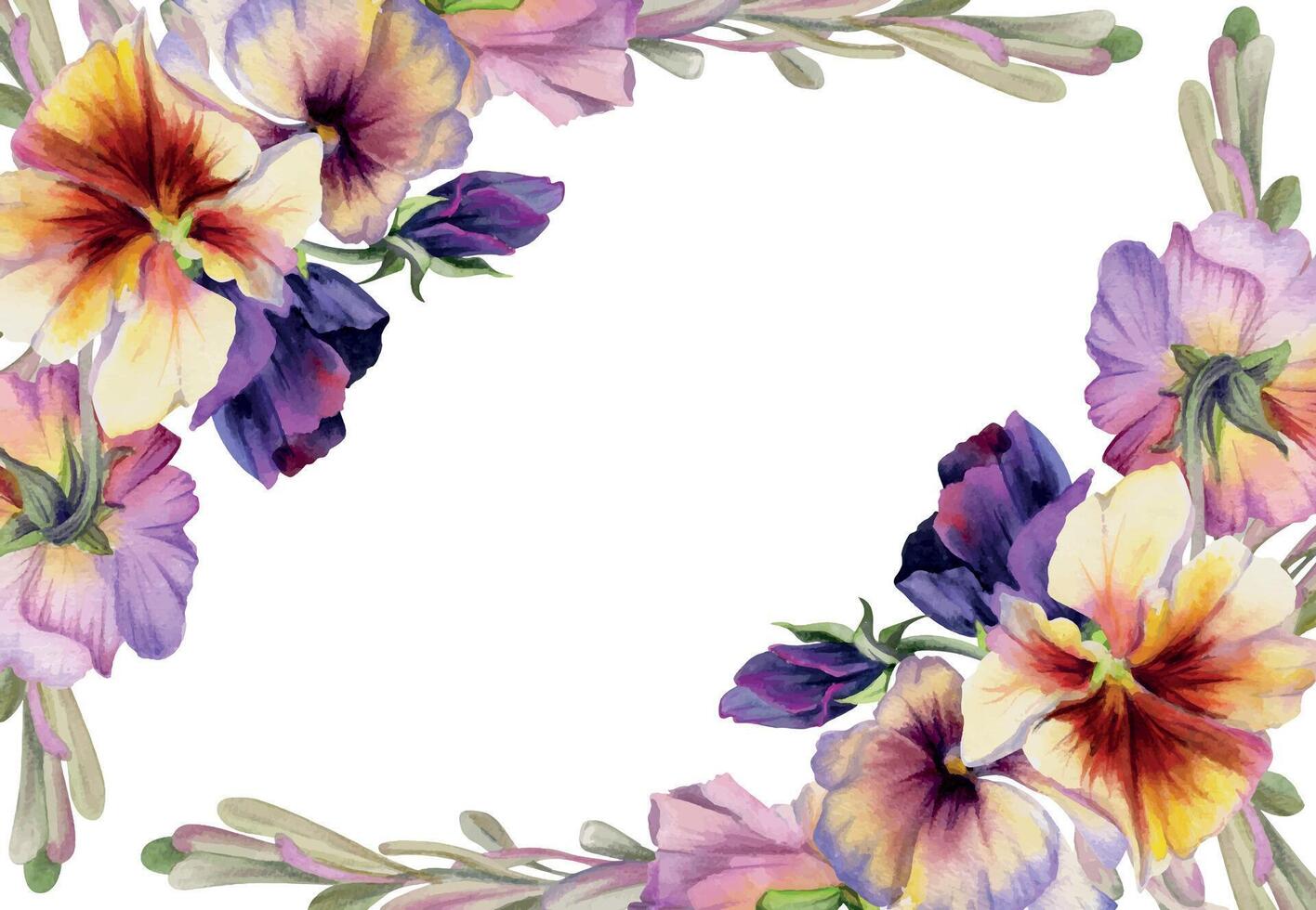 Hand gezeichnet Aquarell Illustration viktorianisch botanisch Blumen Blätter. Stiefmütterchen Viola violett, Asche Ahorn Schlüssel Samen, Grün Heuschrecke Ast. Rahmen isoliert auf Weiß Hintergrund. Design Hochzeit, Liebe Karten vektor