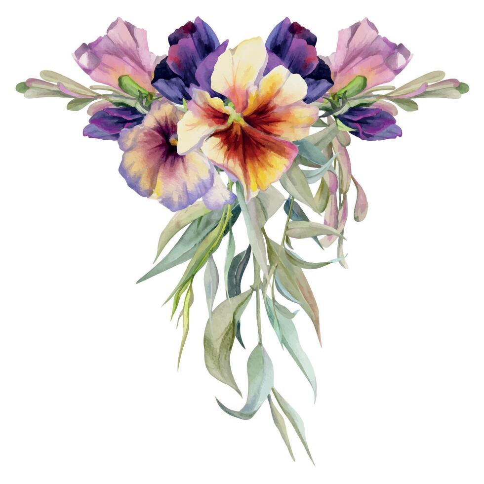 Hand gezeichnet Aquarell Illustration, viktorianisch botanisch Blumen Blätter. Stiefmütterchen Viola, Weide Eukalyptus Zweig, Asche Ahorn Schlüssel Samen. Strauß isoliert auf Weiß Hintergrund. Design Hochzeit, Liebe Karten vektor