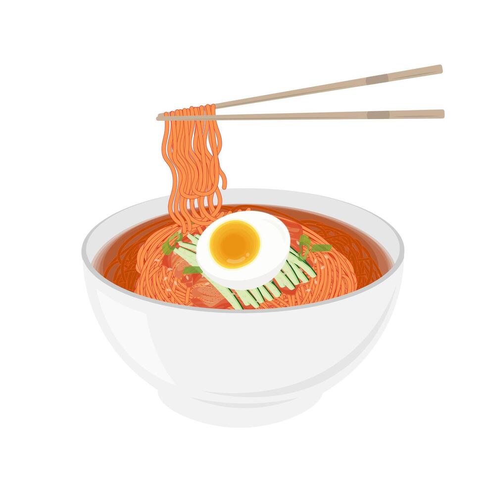 illustration logotyp bibim guksu koreanska kryddad kall spaghetti med matpinne vektor