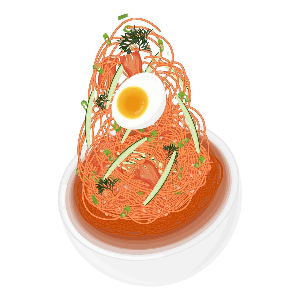 illustration logotyp levitation bibim guksu koreanska kryddad kall spaghetti vektor