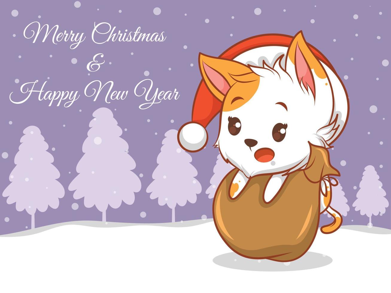süße katzen-zeichentrickfigur mit frohen weihnachten und guten rutsch ins neue jahr grußbanner. vektor