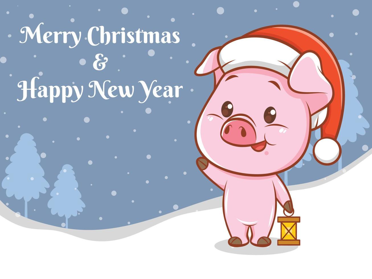 süße Schwein-Cartoon-Figur mit frohen Weihnachten und guten Rutsch ins neue Jahr Grußbanner vektor