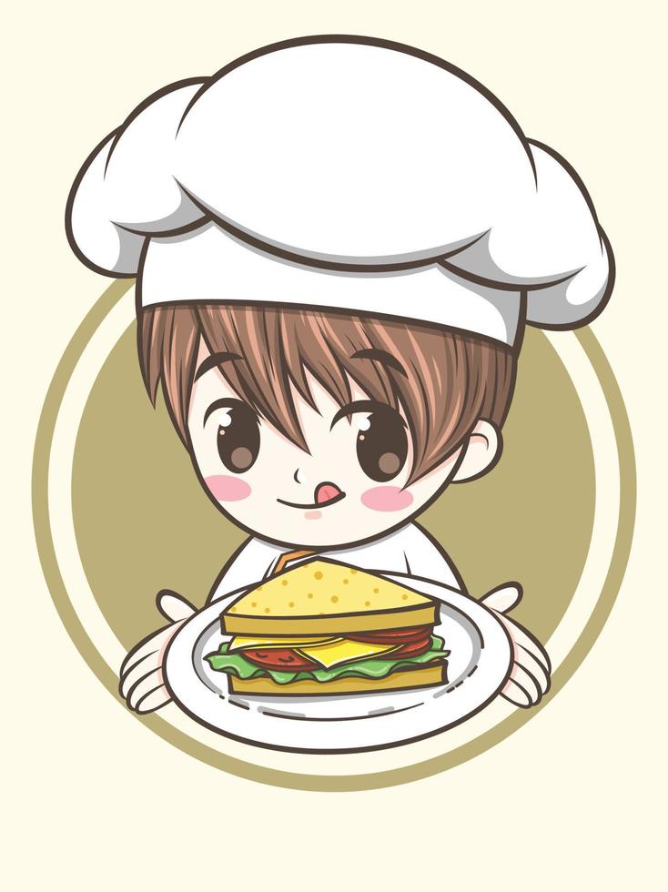 süßer Kochjunge, der ein Sandwich hält. Fast-Food-Logo-Illustrationskonzept vektor
