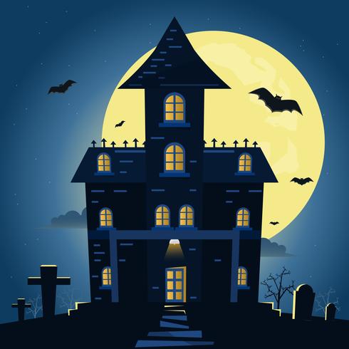 Halloween natt bakgrund med pumpa och mörkt slott under månskenet. vektor
