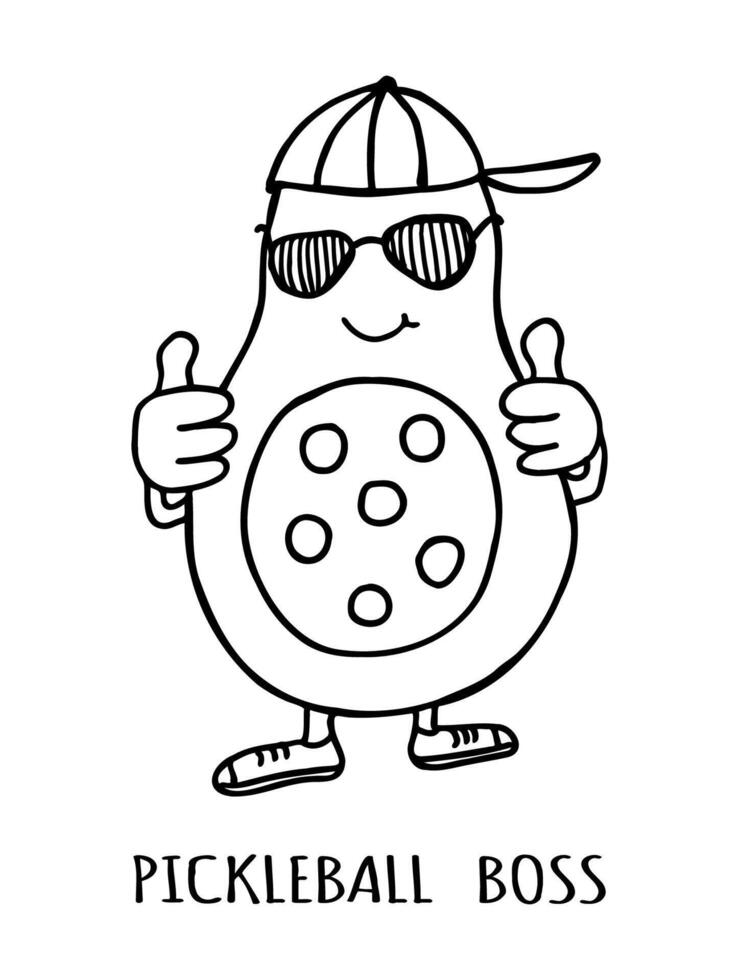 Pickleball Avocado Maskottchen mit Ball und Sonnenbrille, mit Lächeln auf seine Gesicht. Hand gezeichnet, schwarz Gliederung Gekritzel Illustration. vektor