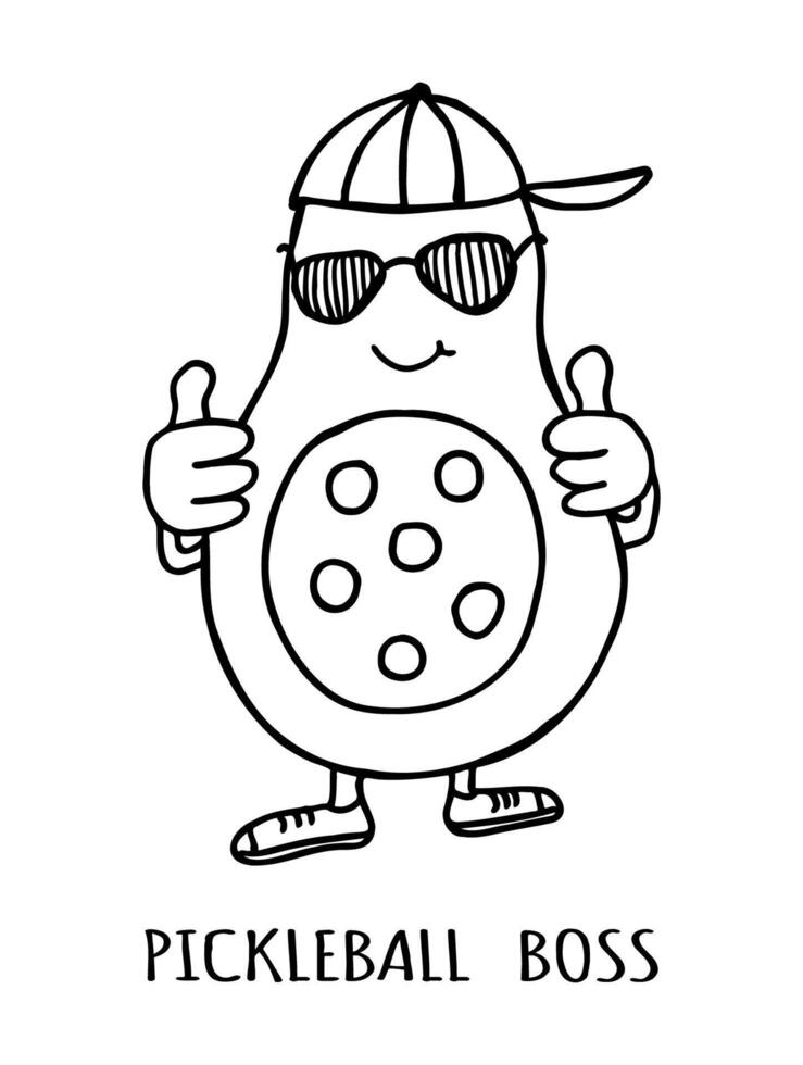 pickleball avokado maskot med boll och solglasögon, med leende på hans ansikte. hand ritade, svart översikt klotter illustration. vektor