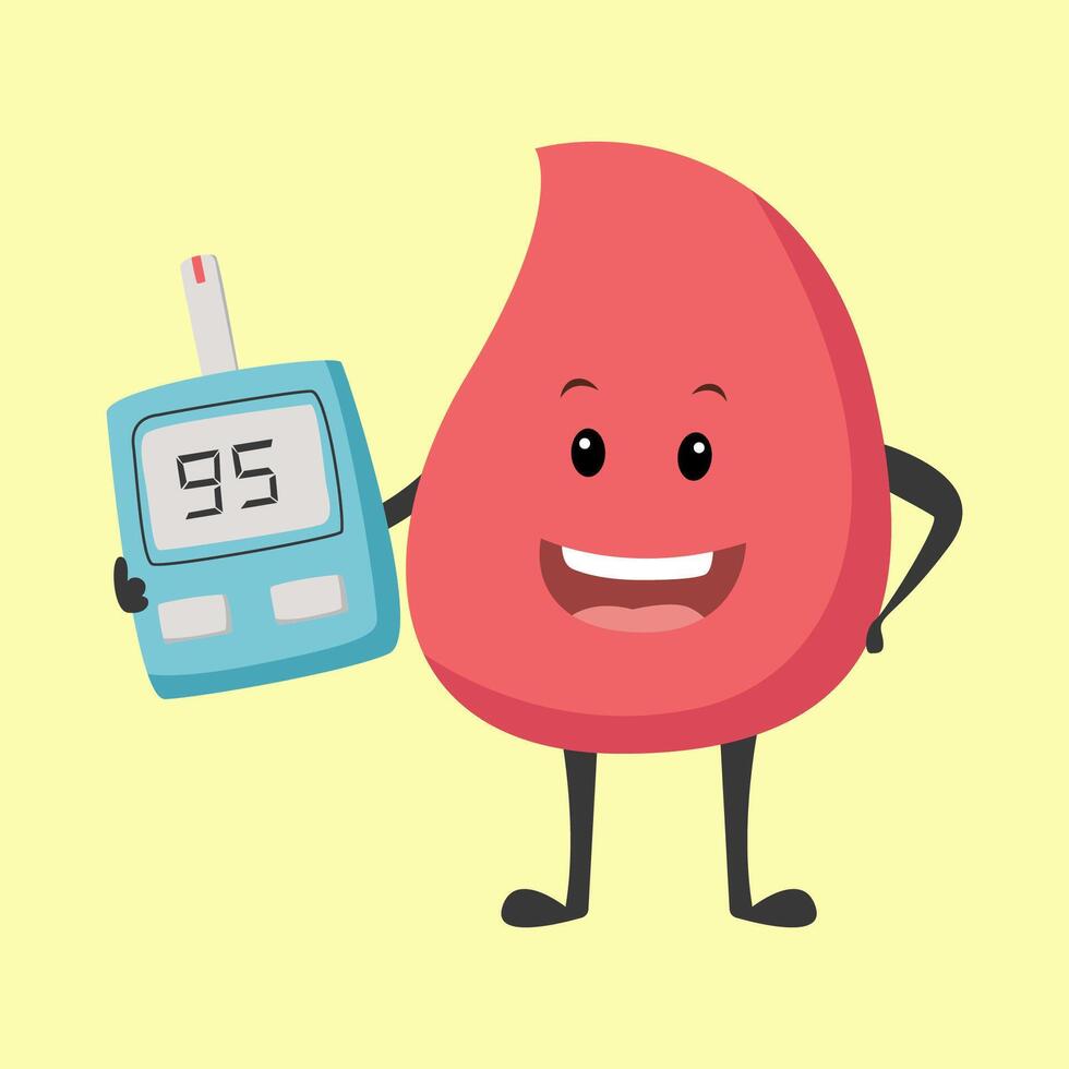 diabetes blod tecknad serie karaktär med glukometer vektor