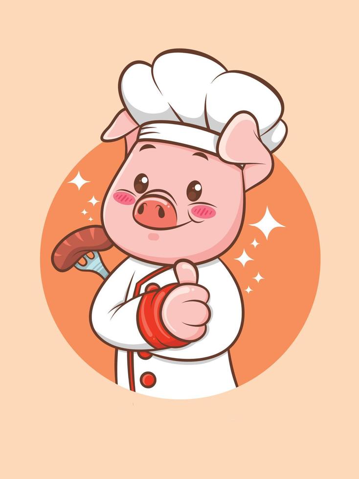 süßer Schweinekoch, der eine gegrillte Wurst hält. Zeichentrickfigur und Maskottchenillustration. vektor