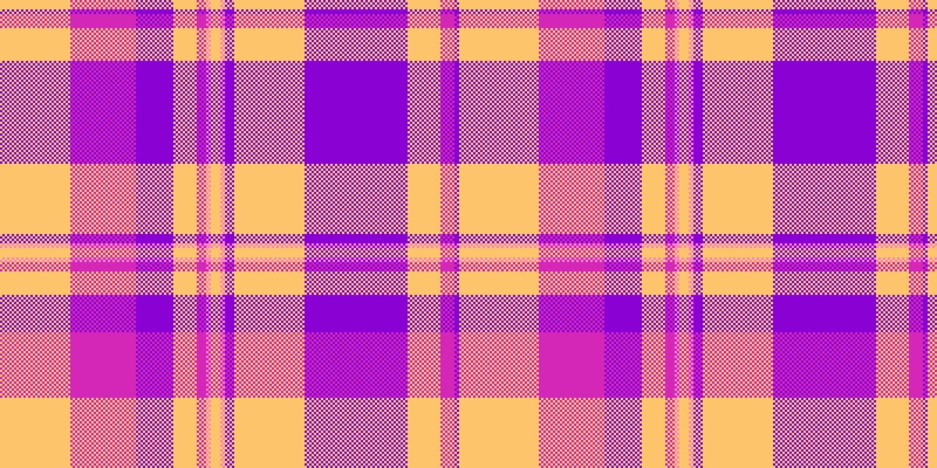 spanisch Stoff Muster Schottenstoff, Wiederholung Hintergrund Textil- Textur. festlich Plaid prüfen nahtlos im Bernstein und violett Farben. vektor