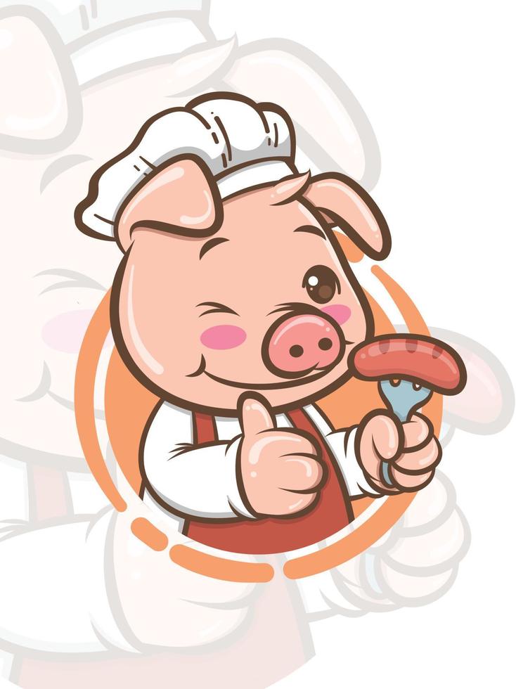 söt kock gris seriefigur håller grill korv - maskot och illustration vektor