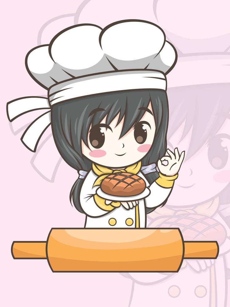 Süßes Bäckereikochmädchen, das einen Kuchen und ein Brot hält - Zeichentrickfigur und Logoillustration vektor