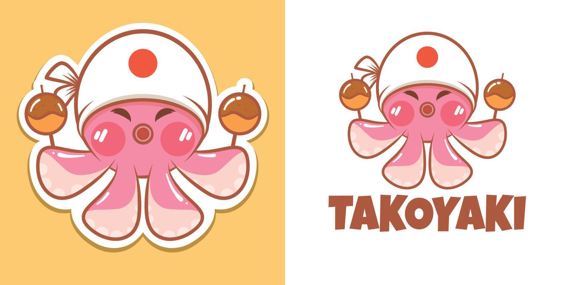 en söt bläckfisk tecknad karaktär takoyaki logotyp och maskot illustration vektor