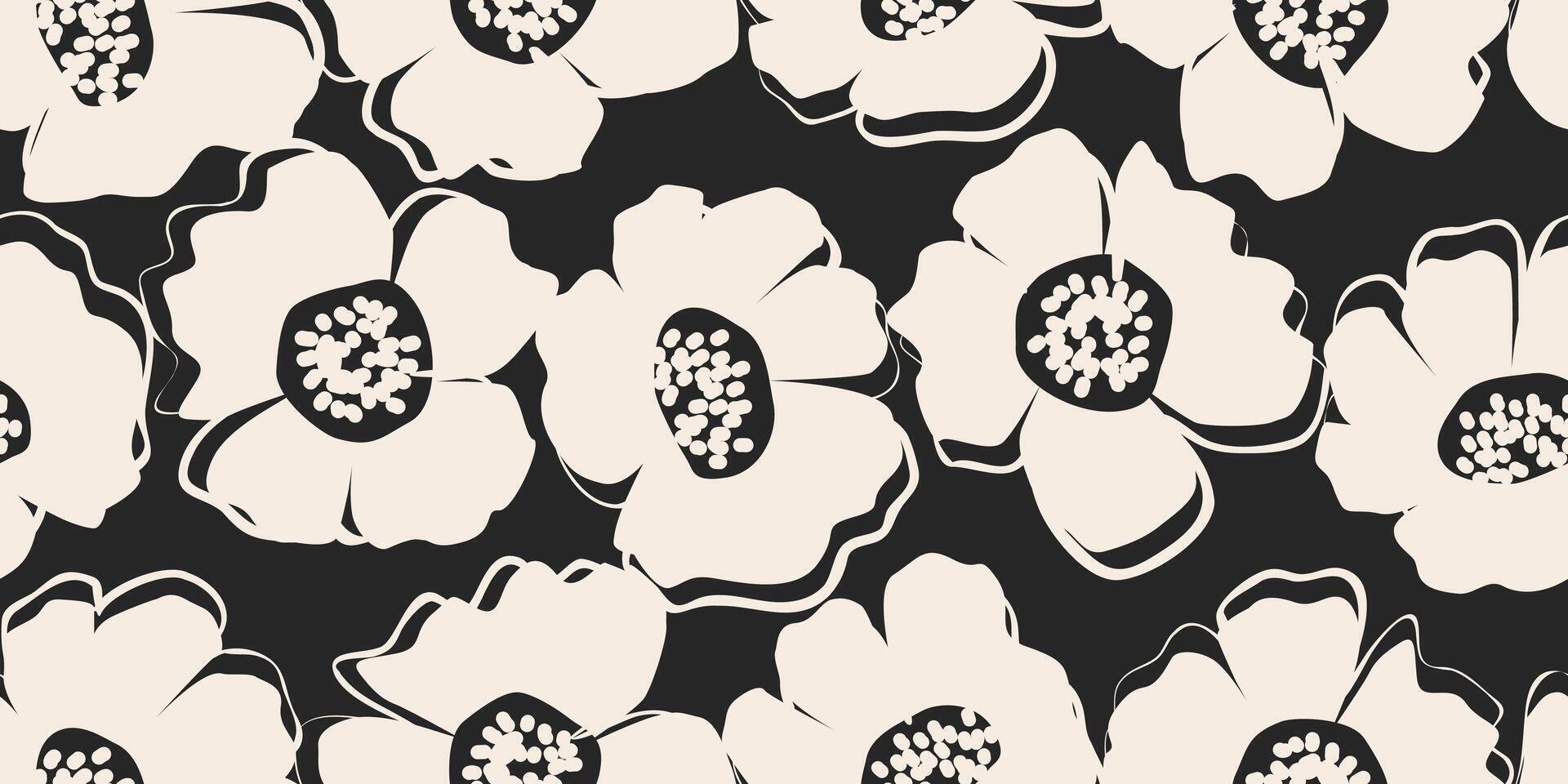 hand dragen minimal abstrakt blommor. sömlös mönster med organisk former svart och vit Färg för tyg, textilier, Kläder, tapet, omslag, baner, Hem dekor, blom bakgrunder. vektor