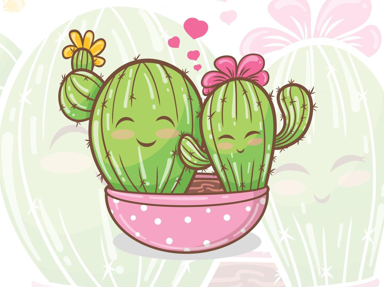 süße Kaktus-Paar-Cartoon-Figur und Illustration vektor