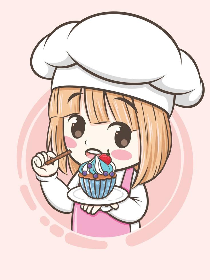 Süßes Bäckereikochmädchen, das einen Kuchen und ein Brot hält - Zeichentrickfigur und Logoillustration vektor